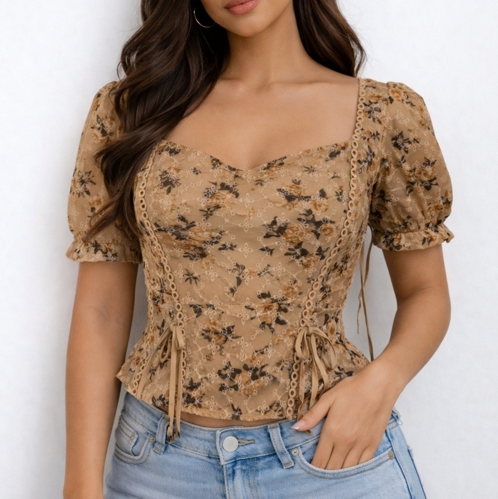 MILK & HONEY Floral Eyelet Corset Cropped Coquette Caramel Top